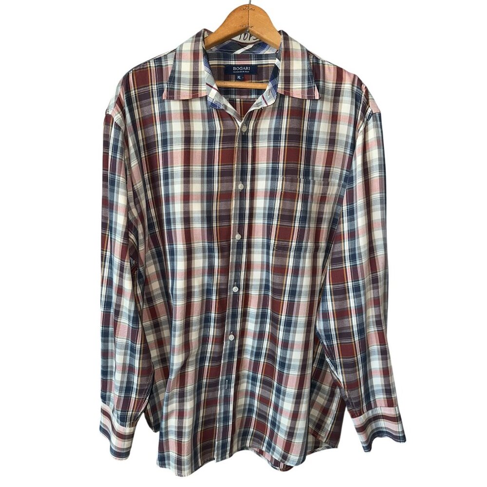 Bogari Plaid Button-Up Shirt Red Blue White Cotton Blend Long Sleeve Size XL